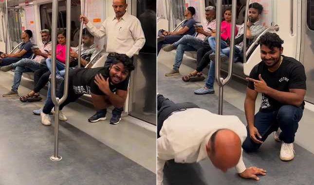 The boy was showing Heropanti while doing pushups in the metro, the uncle standing behind showed his complete arrogance