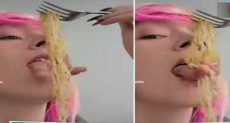 Girl with two tongues ate noodles in a unique way, video is interesting and a little scary too
