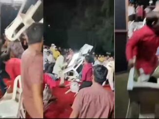 During the election debate show, there was heavy kicking, punching and throwing of chairs between BJP and Congress workers.