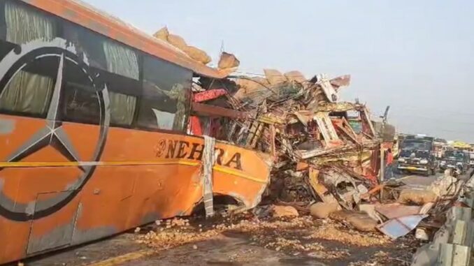 A massive head-on collision between a bus and a truck on the expressway in UP, only dead bodies lying around.
