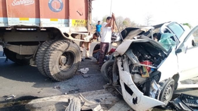 A high speed car collided under a truck in Muzaffarnagar, causing commotion