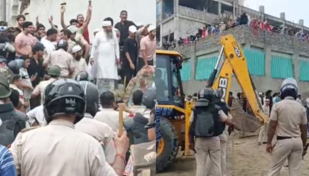 When they arrived to demolish the illegal mosque, there was a ruckus, the force controlled the crowd and turned the bulldozer away