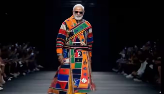 Sandalwood on forehead, black glasses on eyes, watch Modi's ramp walk in AI fashion show