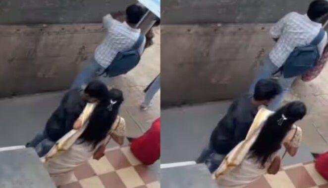 A couple started romancing at the bus stand, people got angry at the couple.