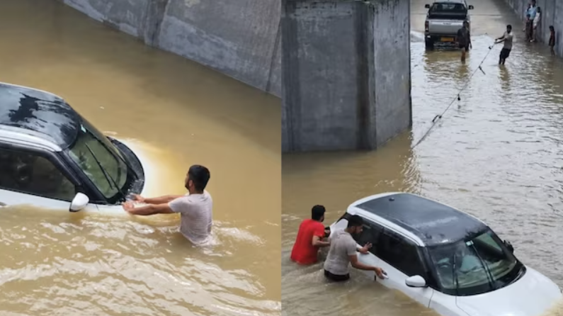 कार में सवार पूरा परिवार गहरे पानी में गया फंस, तभी देवदूत बनकर आए गांववाले